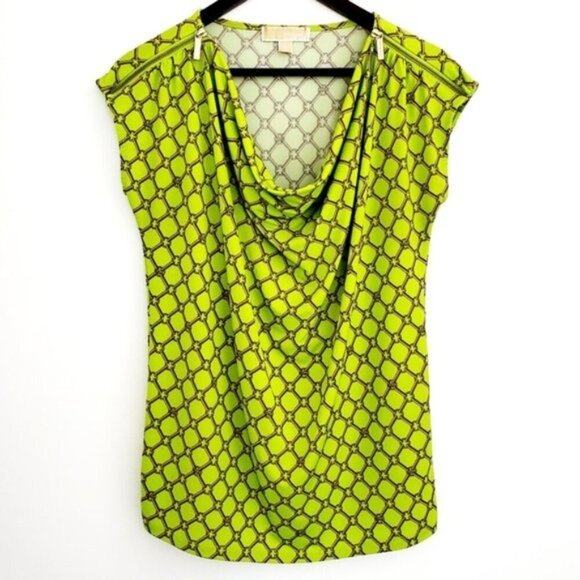 Michael Michael Kors Women's Medium Green Chain Print Scoop/Draped Neck Blouse - Picture 1 of 9